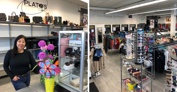 Left: Susan Chow at one of her Plato's Closet stores. Right: The interior of one of her Plato's Closet stores.